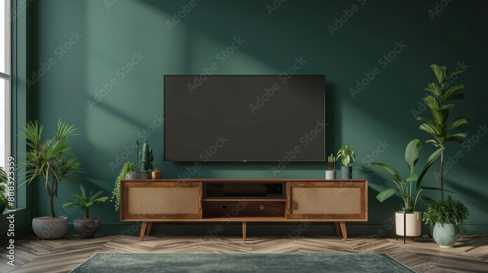Living room with cabinet for tv on dark green color wall background.3d rendering