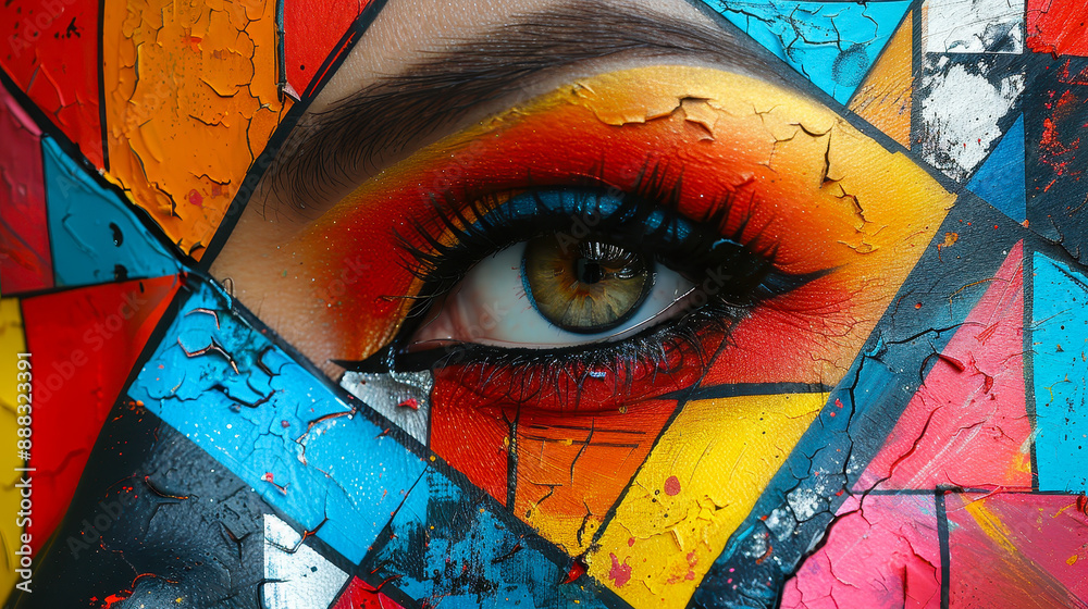 Vibrant Makeup Collage with One Eye Visible, Artistic Colorful Fragments, Bold Eye Shadow, Creative Face Art, Abstract Makeup Design for Beauty and Fashion Themes
