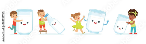 Little Children and Humanized Milk in Bottle and Glass Vector Set