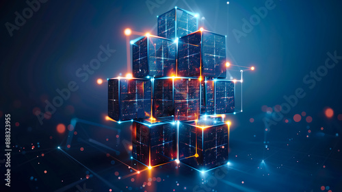 Orange binary code holograms of stacks blue cubes. Peer-to-peer P2P. Blockchain security, encryption, mining and digital data transactions. Cryptocurrency. NFT non-fungible tokens