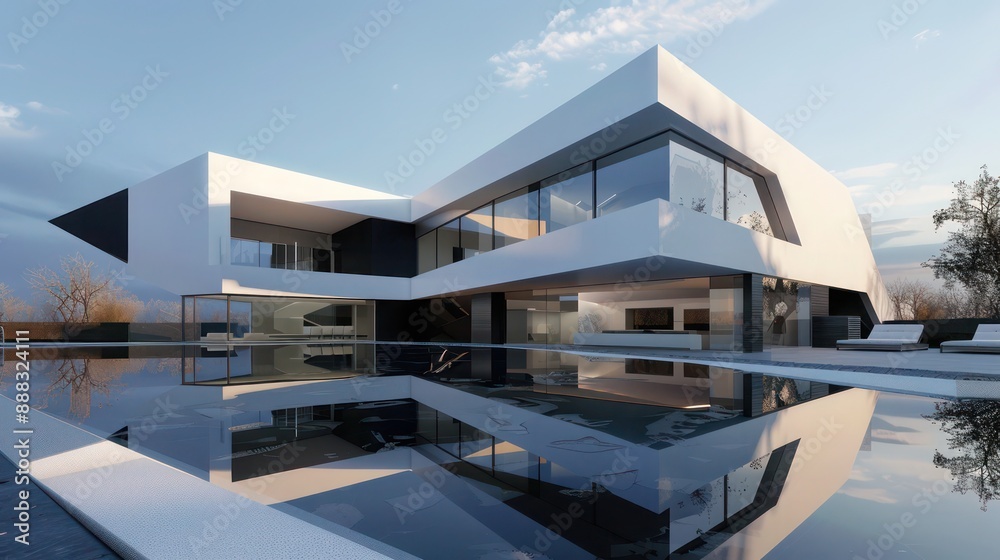modern suburban home with an ultra-modern design, featuring sharp edges, a monochromatic color palette, and a reflective infinity pool modern suburban home with an ultra-modern design, featuring sharp edges, a monochromatic color palette, and a reflective infinity pool