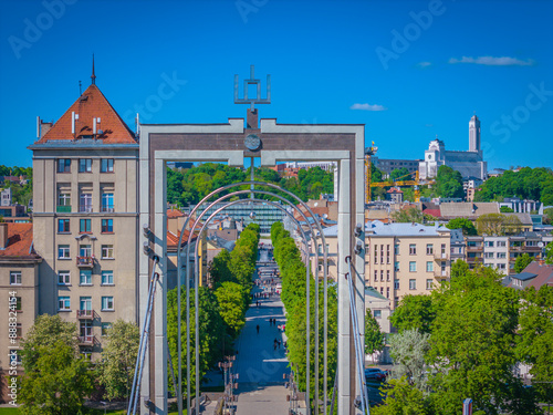 Kaunas city center, Lithuania. Aerial drone photo of pedestrian Daukantas street in a new city center connecting Freedom avenue and Zalgirio arena photo