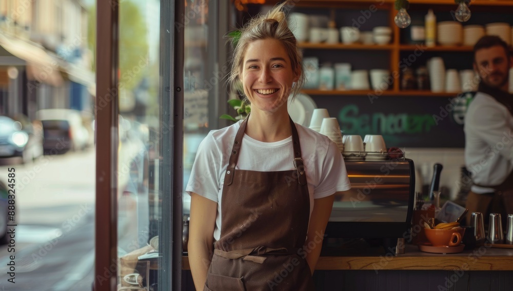 Obraz premium Smiling woman shop .owner wearing an apron stands in front of the entrance to her coffee shop. Small Business Owner In Workshop Assembling Hand Built Sustainable business, Small business concept