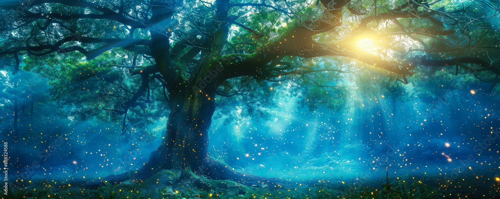 Fototapeta premium Enchanting Fairy Tree in Mystical Forest at Dawn with Glowing Fireflies and Ethereal Light Rays