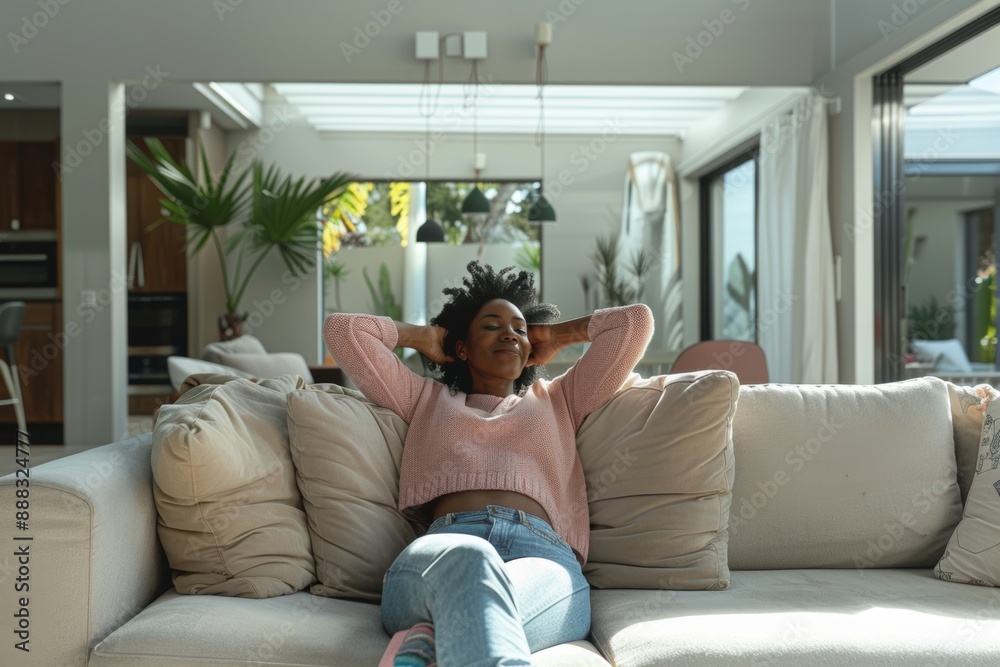 A woman relaxing on the couch in her living room, enjoying the comfort of an elegant beige corner sofa with plush cushions and soft pillows. A woman relaxing on the couch in her living room, enjoying the comfort of an elegant beige corner sofa with plush cushions and soft pillows.
