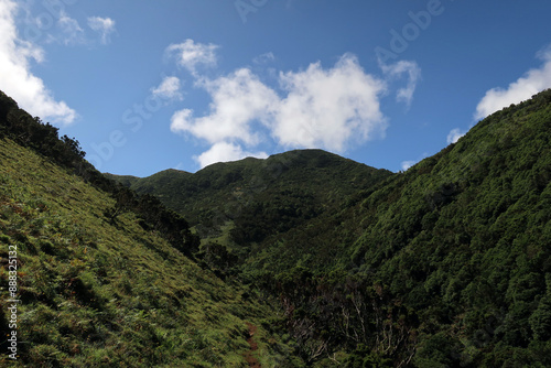 View of the hiking trail starting in Serra do Topo - Caldeira Santo Cristo - Fajã dos Cubres in São Jorge island, Azores, Portugal.