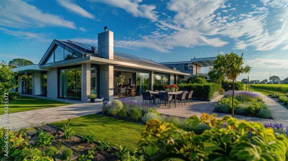 panoramic shot of a suburban farmhouse with a sleek, contemporary design, featuring a large garden and an outdoor dining area panoramic shot of a suburban farmhouse with a sleek, contemporary design, featuring a large garden and an outdoor dining area