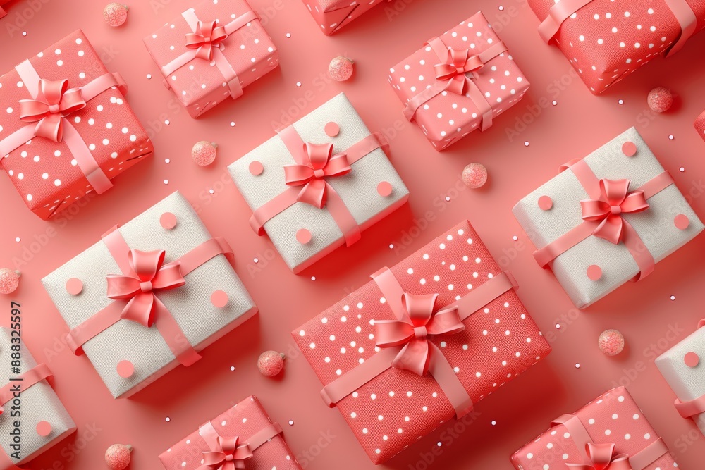 3D render of gift boxes pattern on red background 3D render of gift boxes pattern on red background