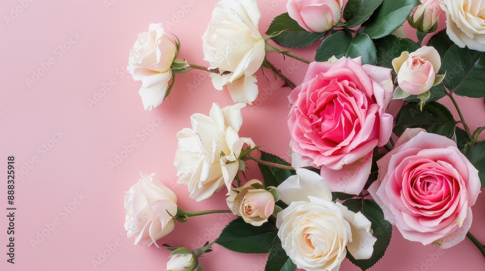 Pink and white rose blossom on light pink backdrop Pink and white rose blossom on light pink backdrop