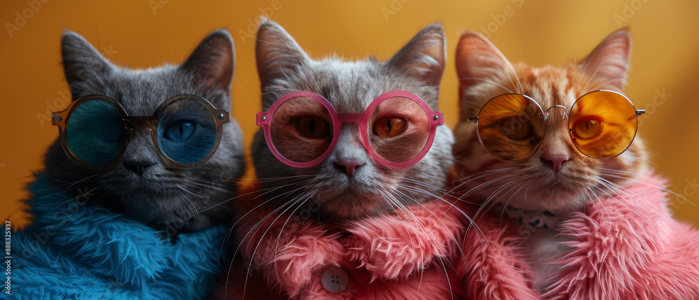 Three Cats Wearing Sunglasses and Furry Jackets Three Cats Wearing Sunglasses and Furry Jackets