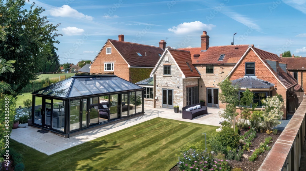 panoramic view of a suburban farmhouse with a traditional gabled roof and a modern extension featuring a glass conservatory panoramic view of a suburban farmhouse with a traditional gabled roof and a modern extension featuring a glass conservatory