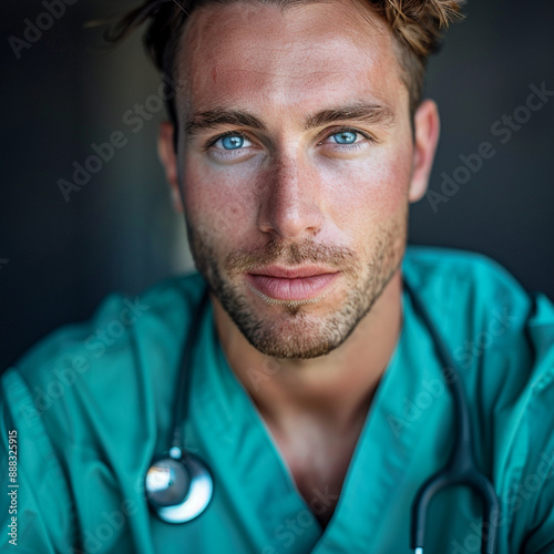 a good looking american guy therapist on his twenties, wearing a scrub suit on a professional setting, he have a blue eyes