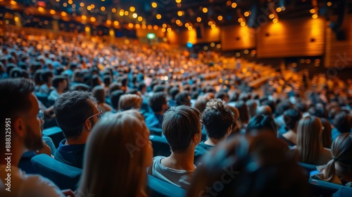 Back view of a diverse audience attentively listening to a speaker at a conference event. The photo depicts engagement and collective learning in a modern conference hall setting