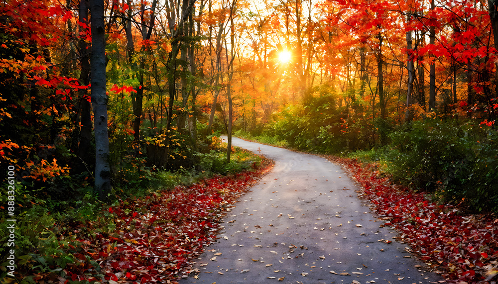 Naklejka premium Endless path autumn nature landscape background with sunset vibe