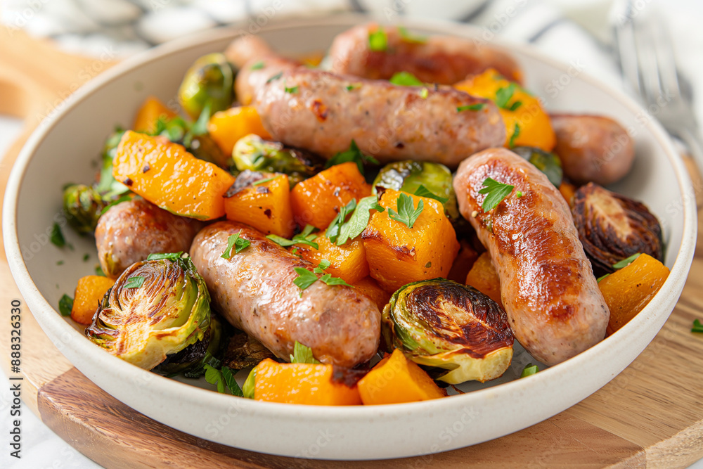 A white plate with sausages, broccoli, and squash A white plate with sausages, broccoli, and squash