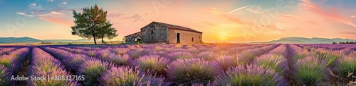 Sunrise Over Lavender Fields with a Stone Cottage