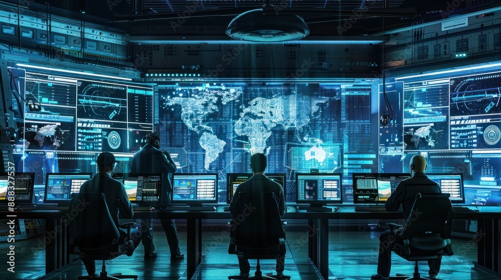 a group of crisis communication experts in a futuristic command center, coordinating their response strategy with advanced communication tools, offering ample copy space for text a group of crisis communication experts in a futuristic command center, coordinating their response strategy with advanced communication tools, offering ample copy space for text