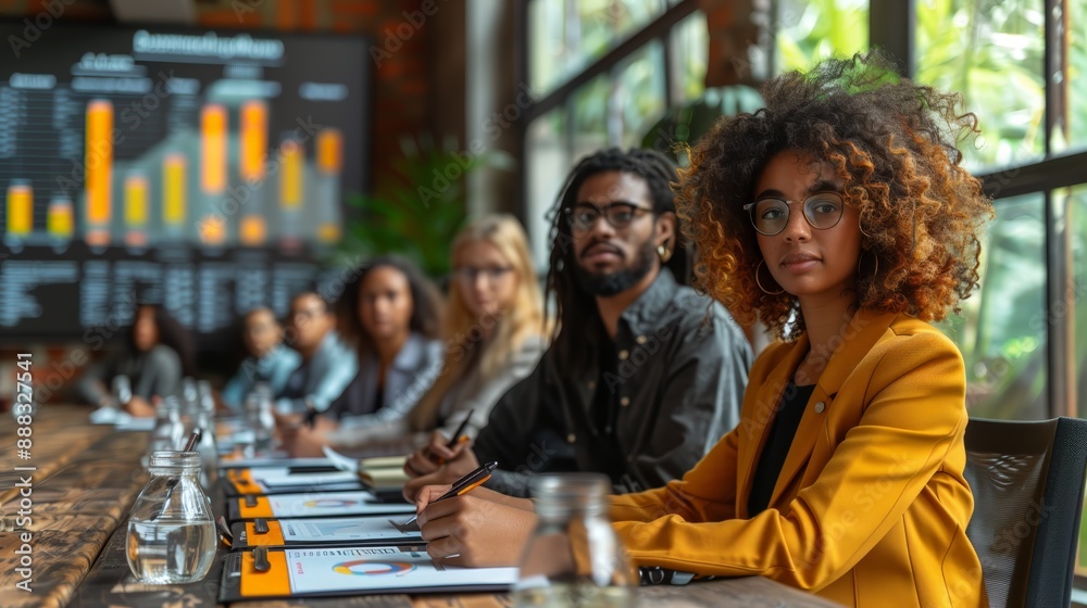 A professional team engaged in a business meeting at a long table within a contemporary office setting. A professional team engaged in a business meeting at a long table within a contemporary office setting.