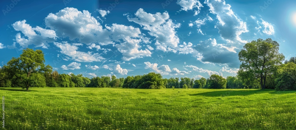 Green Meadow Landscape with Blue Sky and Clouds Green Meadow Landscape with Blue Sky and Clouds