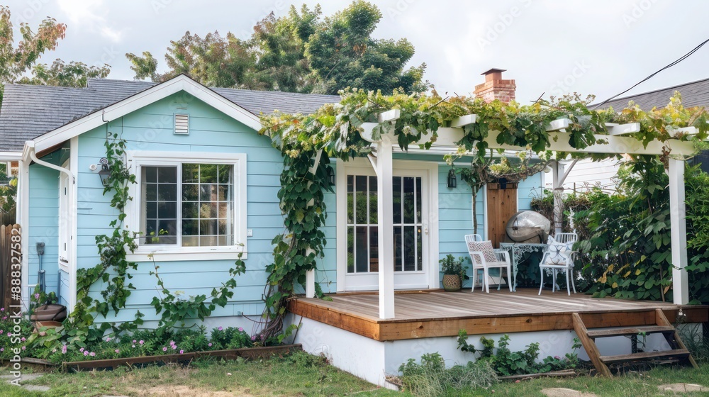 quaint suburban home with a pastel blue facade, white trim, and a small wooden deck with a pergola covered in climbing vines quaint suburban home with a pastel blue facade, white trim, and a small wooden deck with a pergola covered in climbing vines