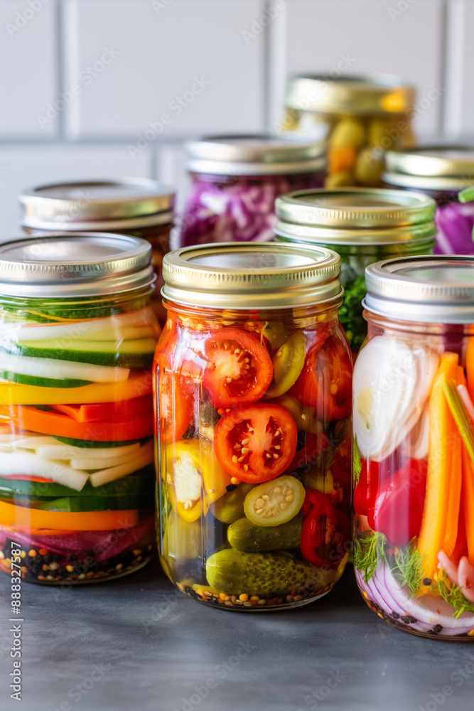 A row of glass jars filled with various vegetables and pickles A row of glass jars filled with various vegetables and pickles