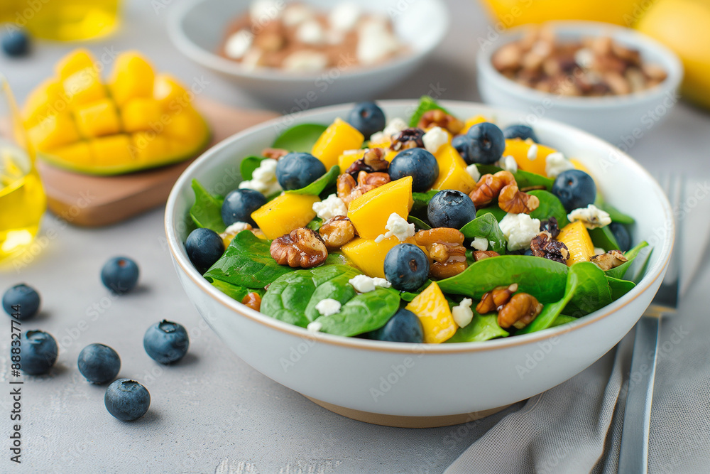 A bowl of salad with blueberries, walnuts, and oranges A bowl of salad with blueberries, walnuts, and oranges