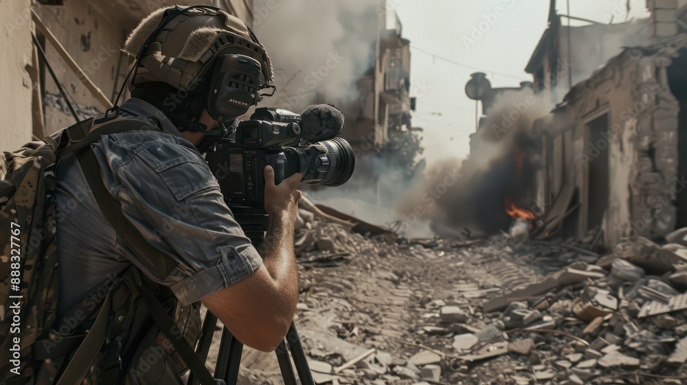 Fototapeta premium A journalist reports from the front lines of a conflict