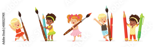 Funny Kids with Huge Paint Brush and Pencil Vector Set