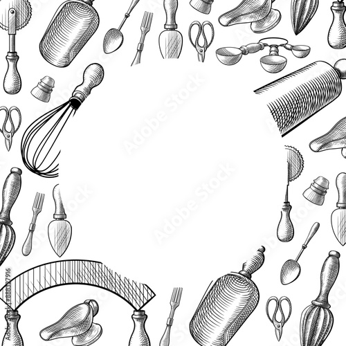 Vector border circular frame of vintage kitchen utensils in a sketch, line, engraving style