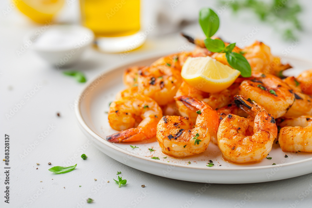 A plate of shrimp with lemon slices and parsley on top A plate of shrimp with lemon slices and parsley on top