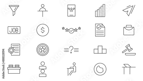 Recruitment line icon set. Headhunting, employee, management, working conditions, teamwork, business, job search, interview, company, and job fair outline icon collection. UI thin outline icon set.