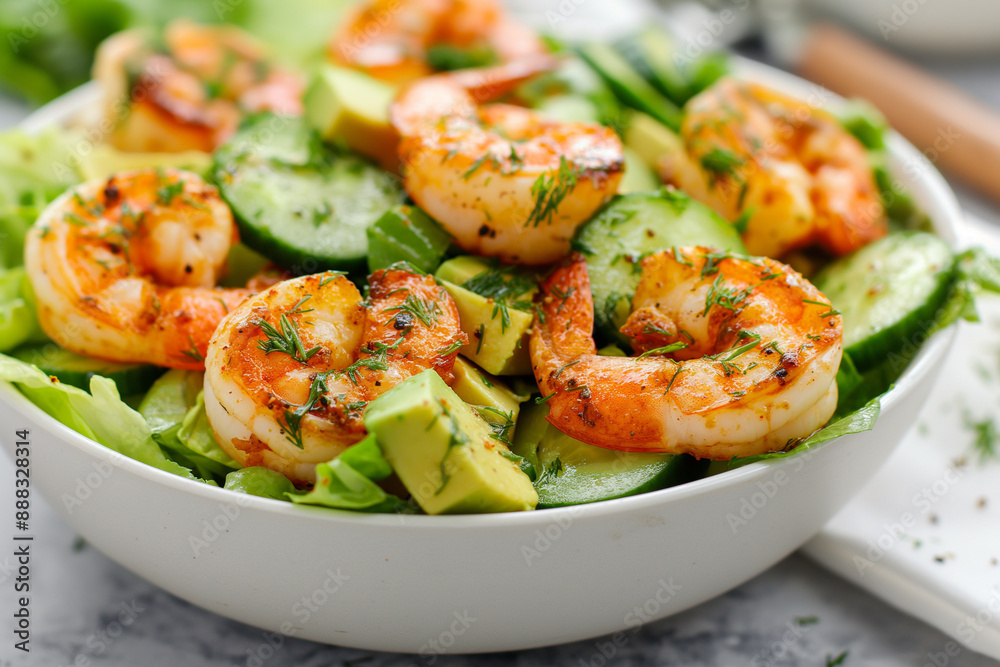 A bowl of shrimp salad with cucumbers and avocado A bowl of shrimp salad with cucumbers and avocado