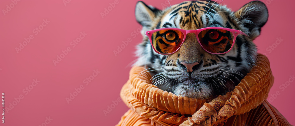 Close Up of a Tiger Wearing Pink Sunglasses and an Orange Sweater Close Up of a Tiger Wearing Pink Sunglasses and an Orange Sweater