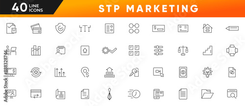 Segmentation targeting positioning line icon set. Stp, marketing, value proposition, management, business, value and company outline icon collection. UI thin outline icon pack