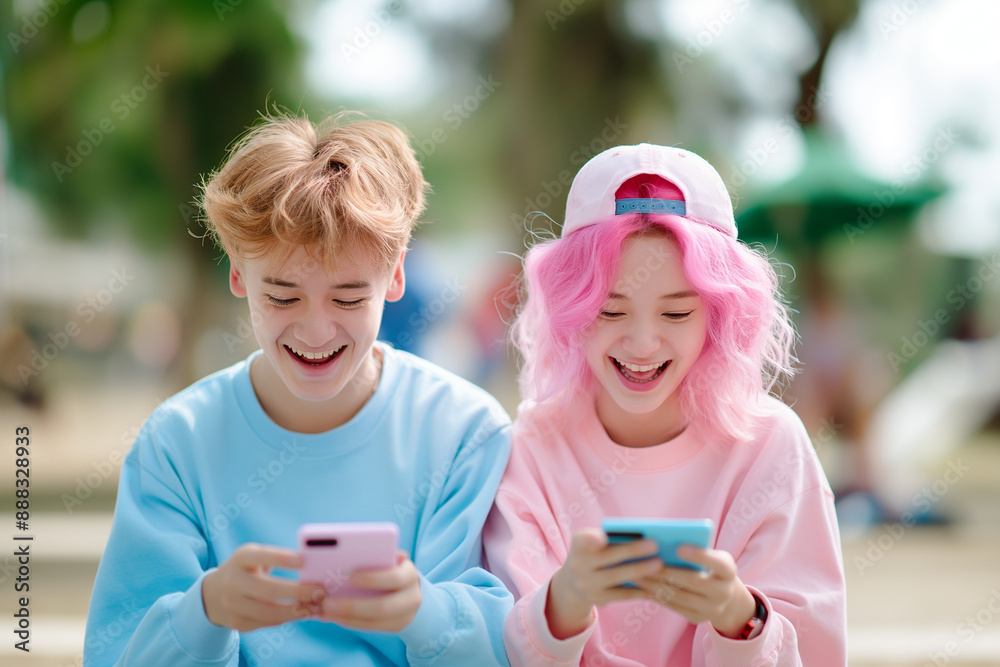 Two young people are sitting on a bench, both holding cell phones Two young people are sitting on a bench, both holding cell phones