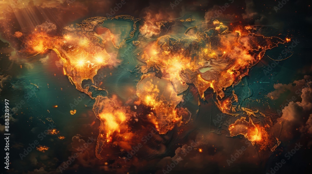 A world map in war with military targets where explosions, fire and bombings occur. Hot atlas for climate change and danger of conflict between countries continents. A world map in war with military targets where explosions, fire and bombings occur. Hot atlas for climate change and danger of conflict between countries continents.
