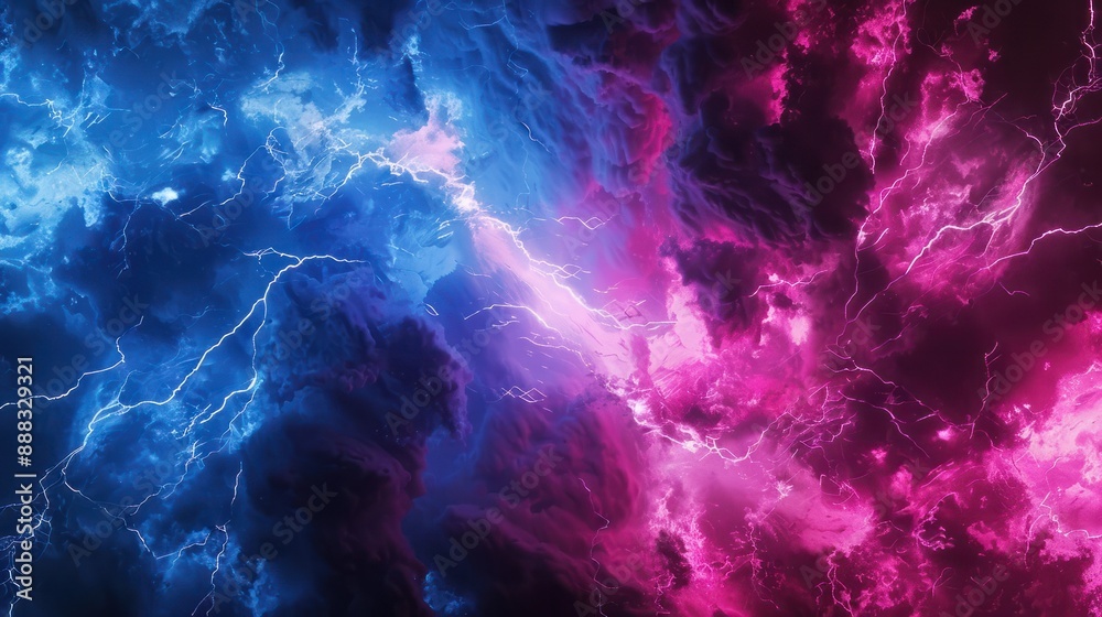 Fototapeta premium Abstract electric lightning in vivid blue and pink hues, symbolizing conflict and confrontation. Versus screen in gaming...