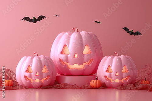 Three pumpkins with glowing eyes and bats flying in the background