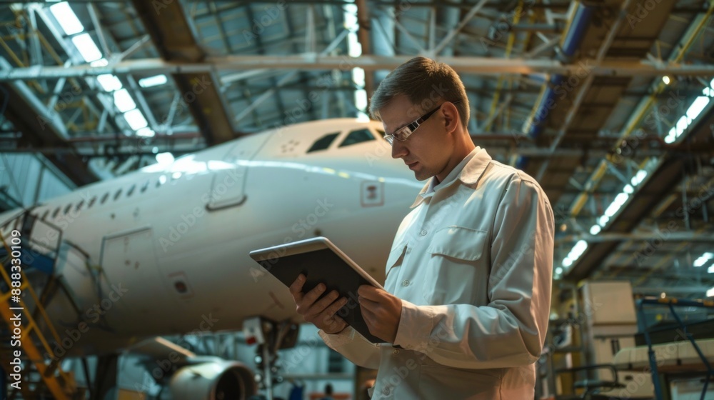 Aircraft maintenance mechanic in uniform is going down the stairs while reading papers in a hangar. Aircraft maintenance mechanic in uniform is going down the stairs while reading papers in a hangar.
