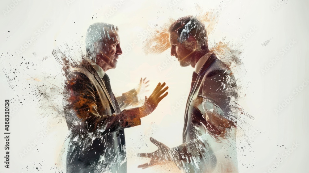 Naklejka premium An illustration of a conflict mediation concept, depicting a professional mediator facilitating a settlement and peace agreement process between two opposing parties to resolve a dispute.