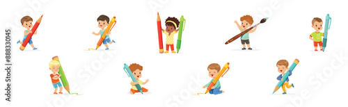 Funny Kids with Huge Paint Brush and Pencil Vector Set
