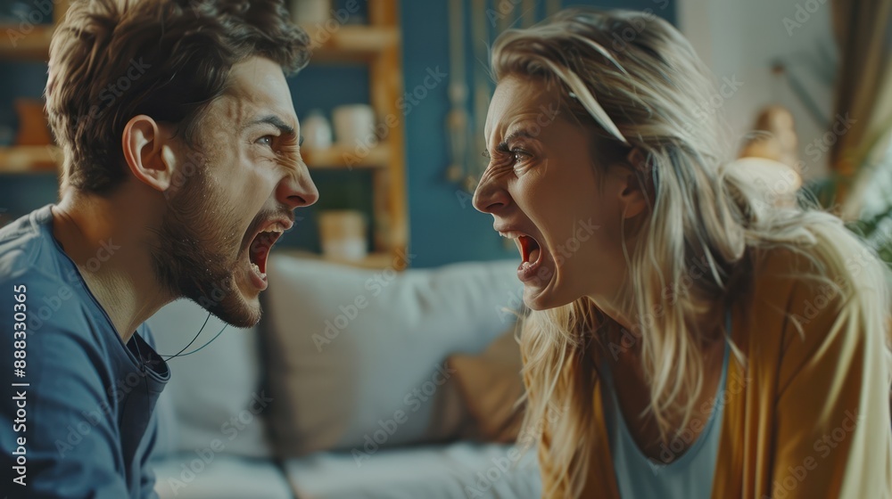 Angry young adult Caucasian woman yelling versus her husband at home living room, Young couple arguing and fighting. Domestic violence, emotional abuse scene of woman and man screaming at each other