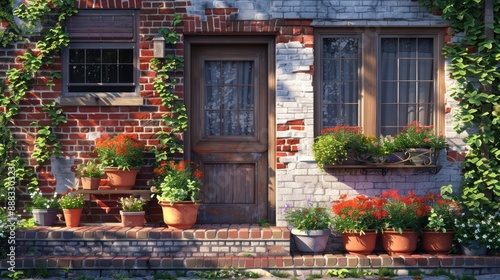 suburban cottage with a weathered brick facade and a cozy front stoop adorned with pots of bright geraniums and trailing ivy