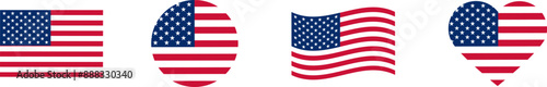 USA flag icons vector set. United States of America flat  badges.Flag of usa vector flat symbol collection.USA flag labels set.Set of American flag icons in the shape of heart.