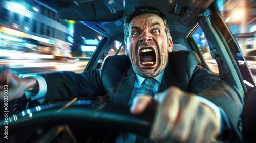 Angry male car driver yells at other drivers and pedestrians who obstruct traffic, mature adult businessman in a business suit is late for a business meeting in a car photo