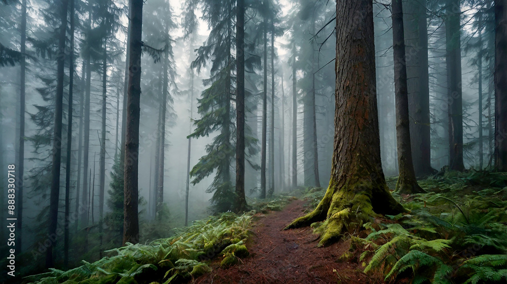 Obraz premium Enchanted Vintage Misty Fir Forest Landscape - Generative AI