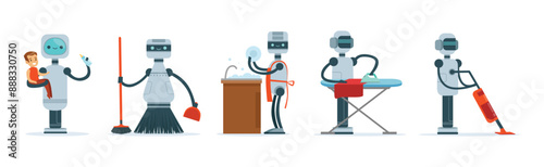 Robots Do Housework and Domestic Chores Vector Set
