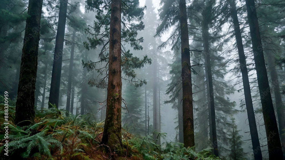 Fototapeta premium Enchanted Vintage Misty Fir Forest Landscape - Generative AI