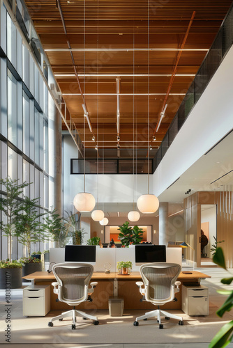 A large open office space with a lot of natural light and plants