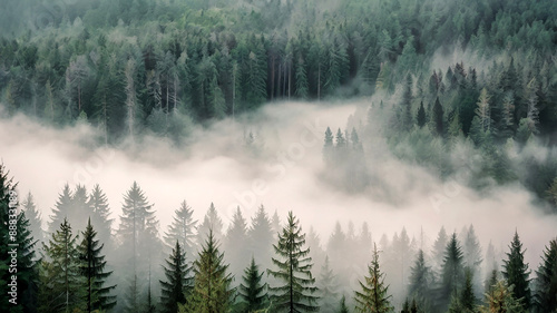 Enchanted Vintage Misty Fir Forest Landscape - Generative AI